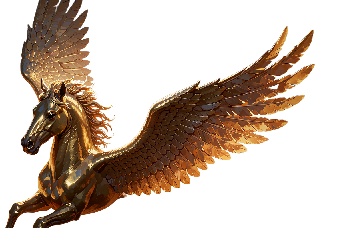 Gylden bevinget Pegasus med bronzefjer, der stiger diagonalt opad med en lysende lynhale, symbol p&aring; crashspil