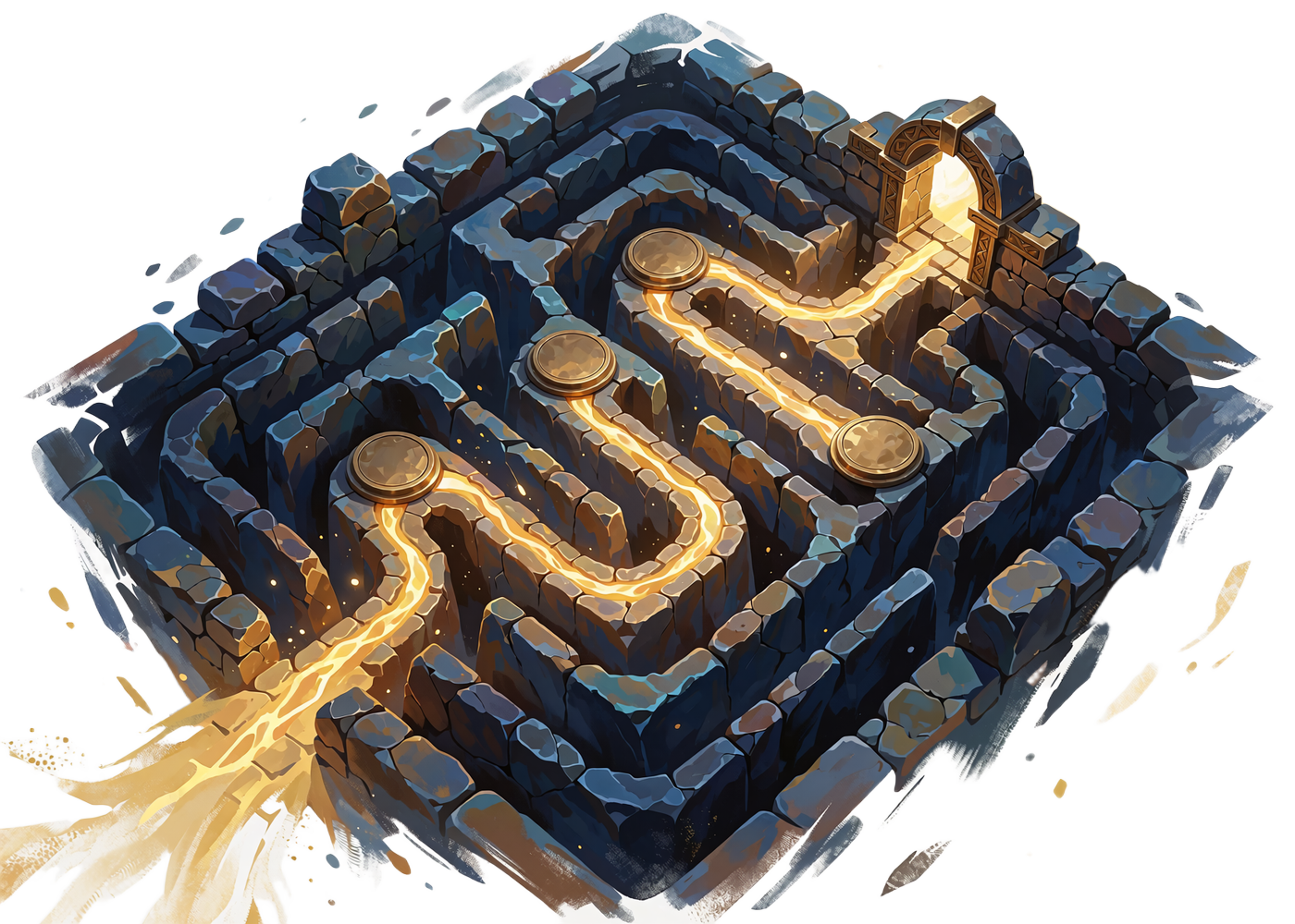 Fragment af en stenlabyrint med en gl&oslash;dende guldsti, der snor sig op gennem fire sving mod en bue - sinnebillede p&aring; KYC-verificering